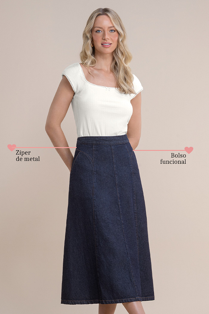 Saia midi jeans com zíper de metal