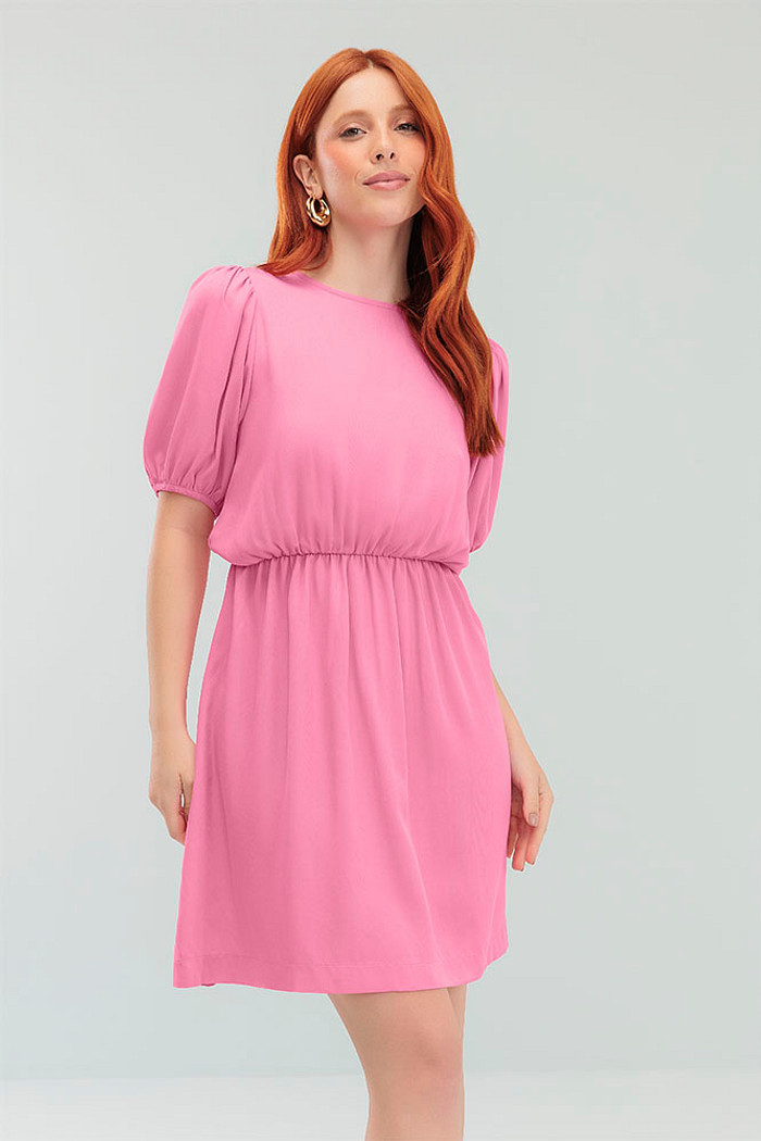 Vestido curto viscose lisa manga e cintura com elástico