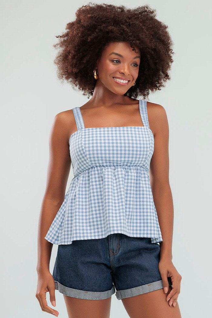 Blusa regata vichy costas com lastex e elástico na alça e cintura