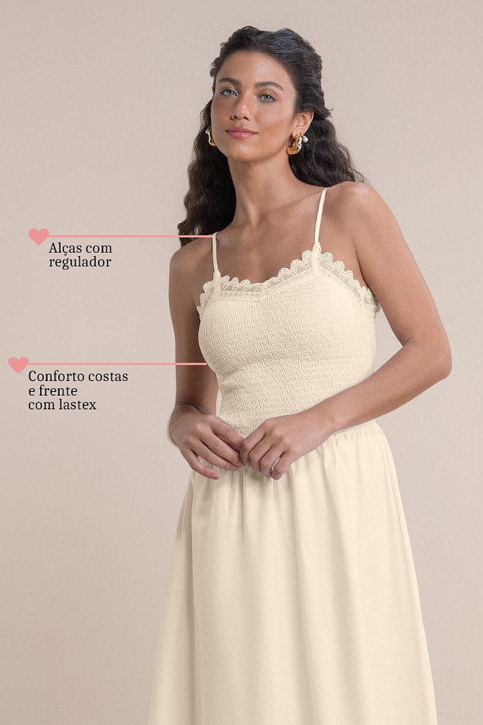 Vestido midi tricoline com alça e aplique decorativo