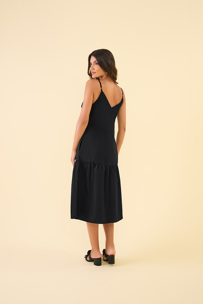 Vestido midi de alça em tricoline com forro