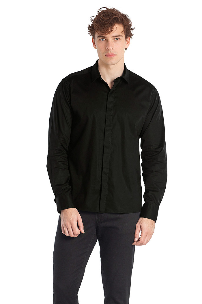 Camisa manga longa slim em tricoline vista invisível Aurus