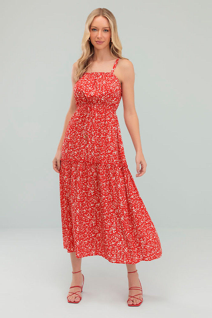 Vestido midi alça com regulagem, elástico e laço decorativo