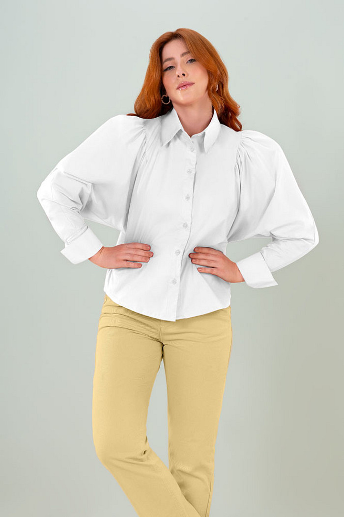 Camisa mangas bufantes em tricoline com elastano
