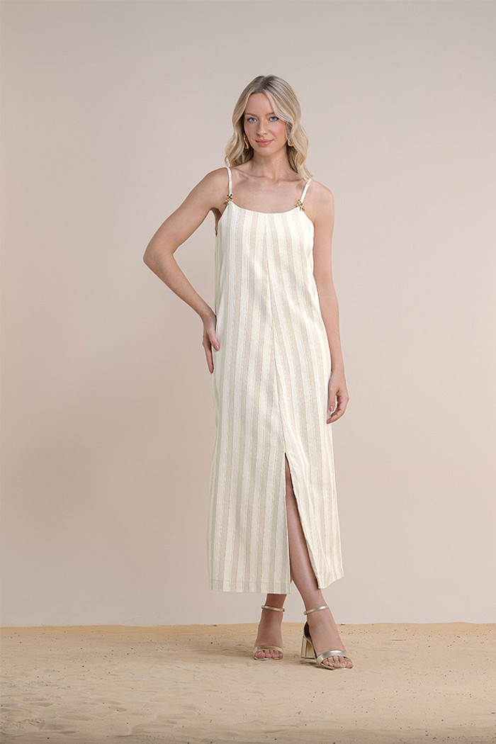 Vestido midi listrado com fenda frontal