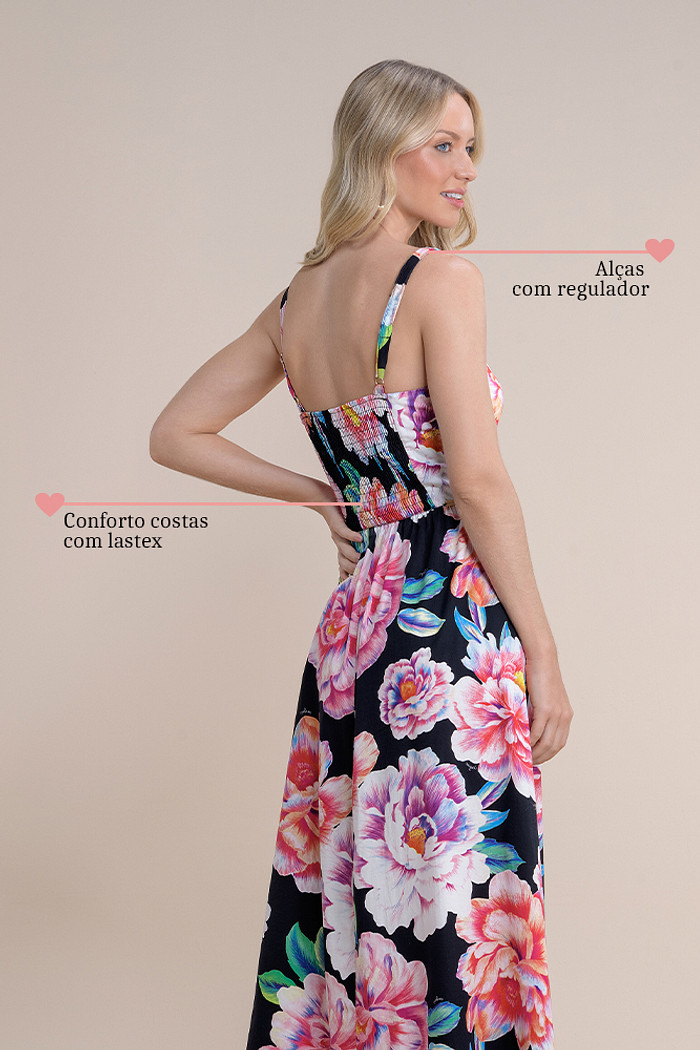 Vestido longo em tricoline com lastex nas costas e alça