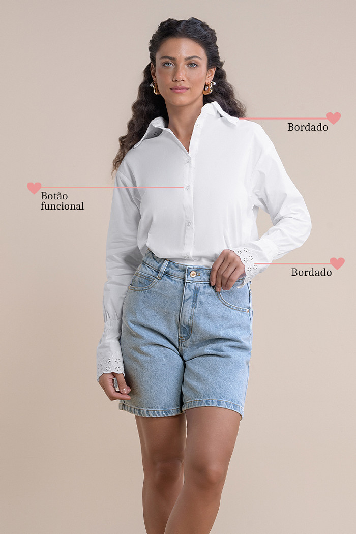 Camisa manga longa em tricoline com bordado