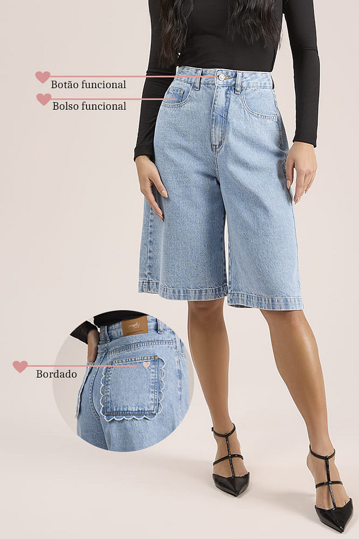 Bermuda jorts em jeans bordada