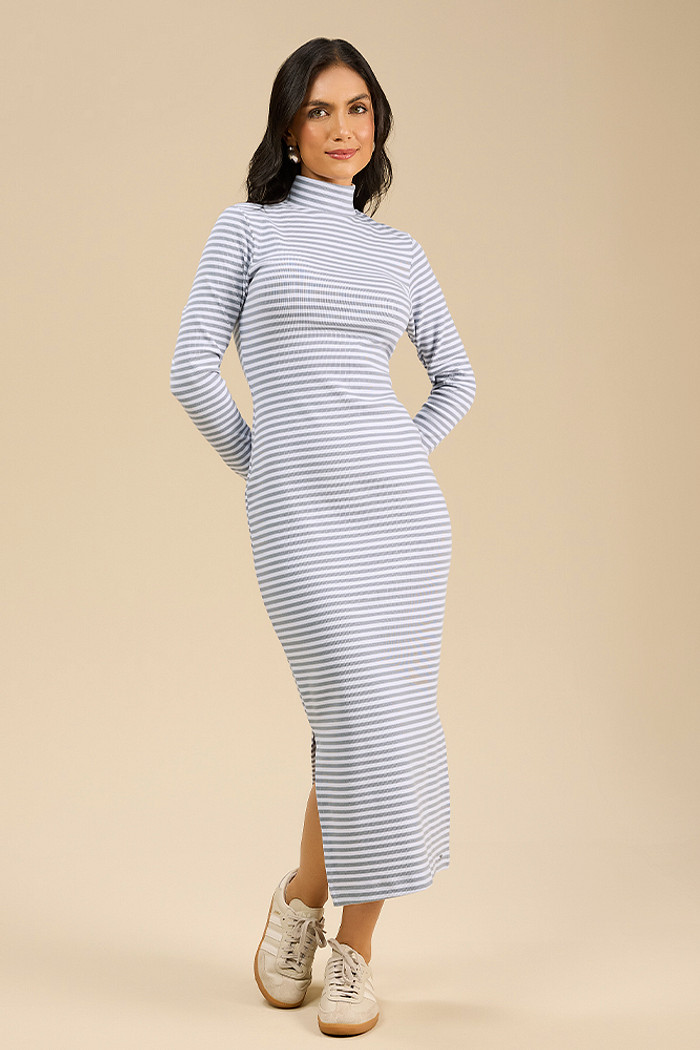 Vestido midi em ribana summer listrada com fendas laterais