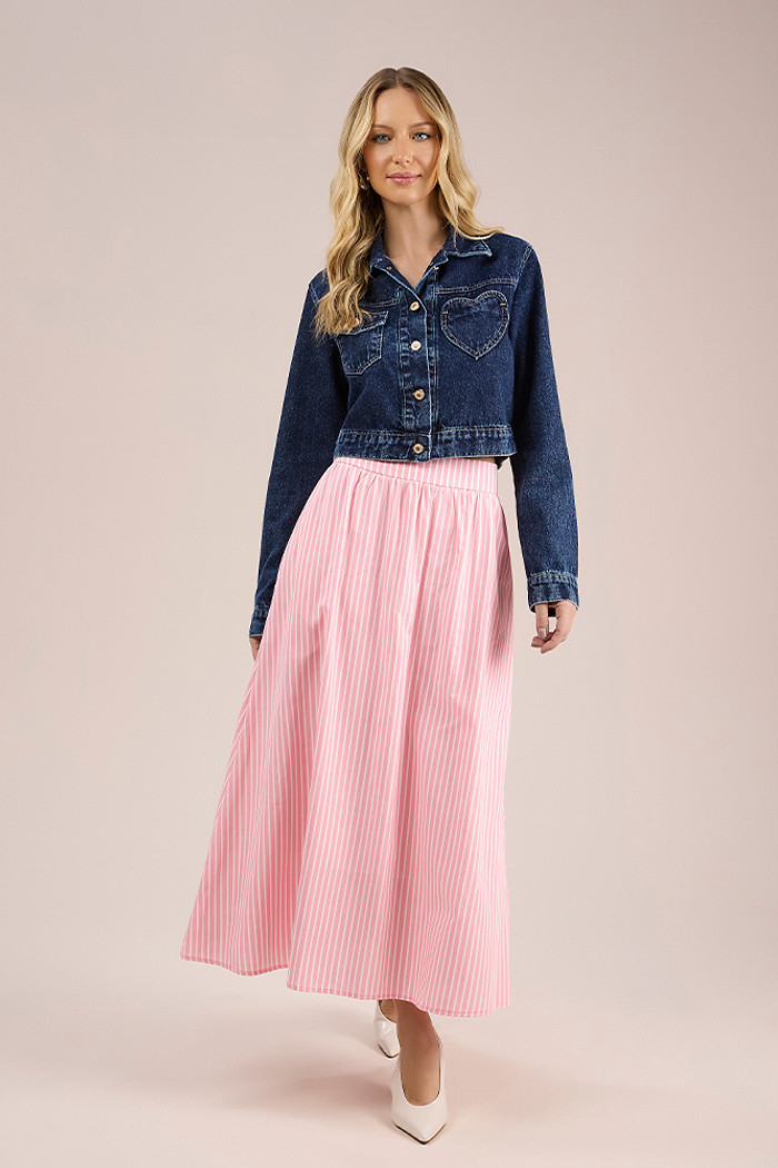 Saia midi com bolso em tricoline listrado