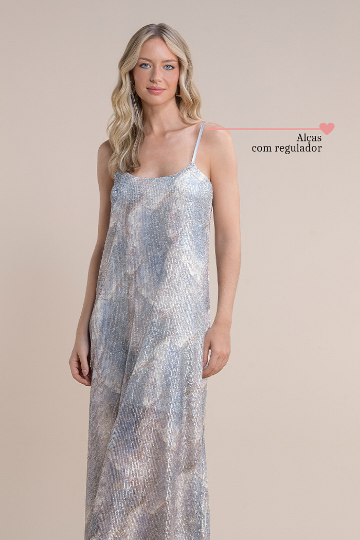 Vestido midi em paetê estampado de alça