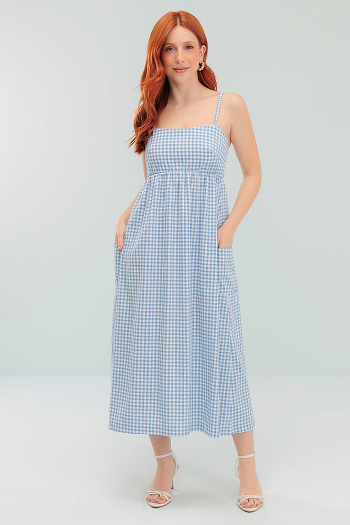Vestido midi vichy de alça com bolso