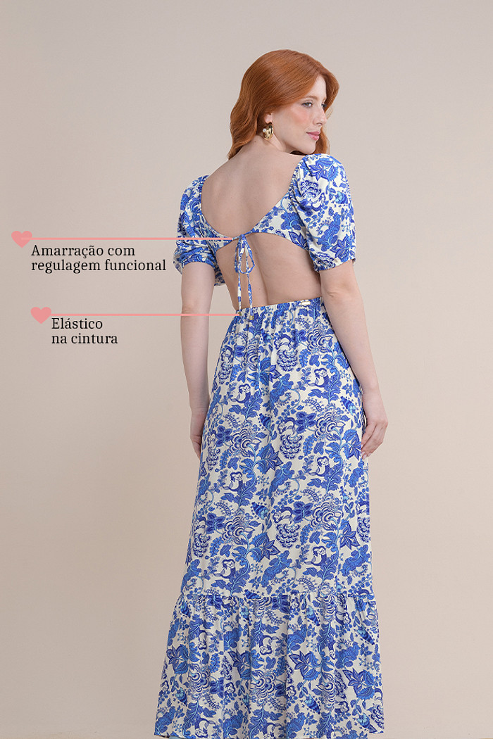 Vestido longo viscose com amarração na cintura