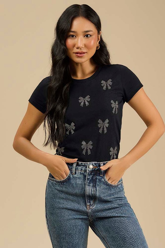 Blusa laços e strass em meia malha