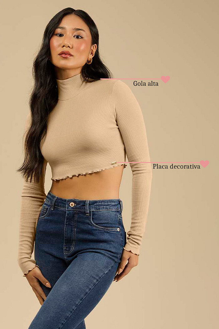 Blusa cropped manga longa em ribana com elastano