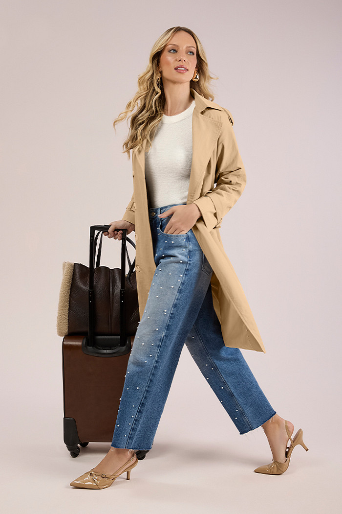 Casaco longo em tecido gabardina com forro