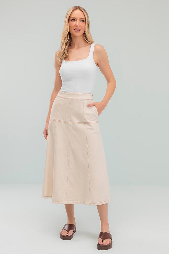 Saia midi com zíper lateral e bolso em denim
