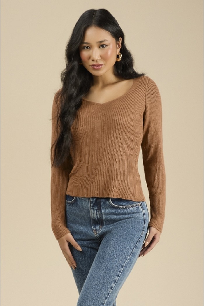 Blusa manga longa decote V em tricot