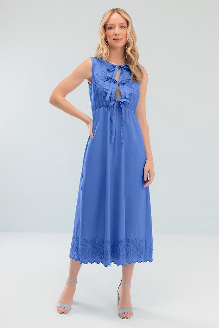 Vestido midi de tricoline amarração laços