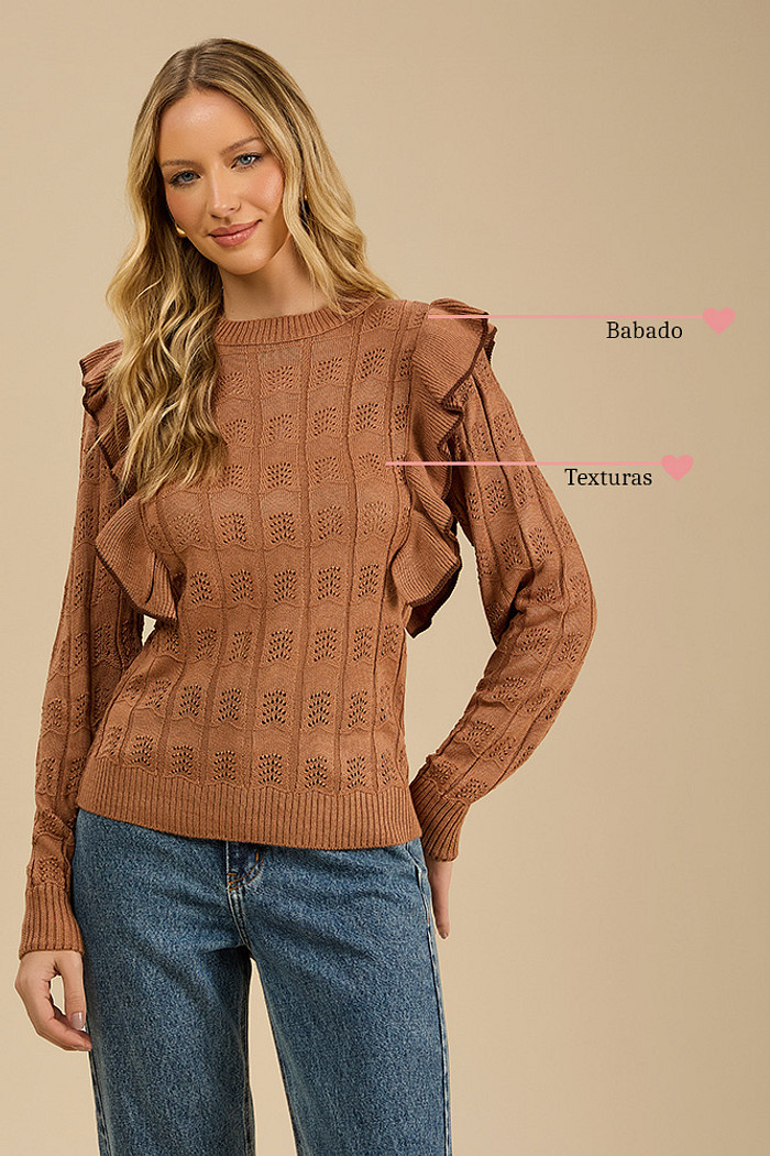 Blusa manga longa babados em tricot