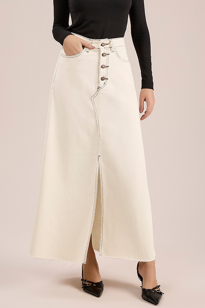 Saia midi em white denim laço