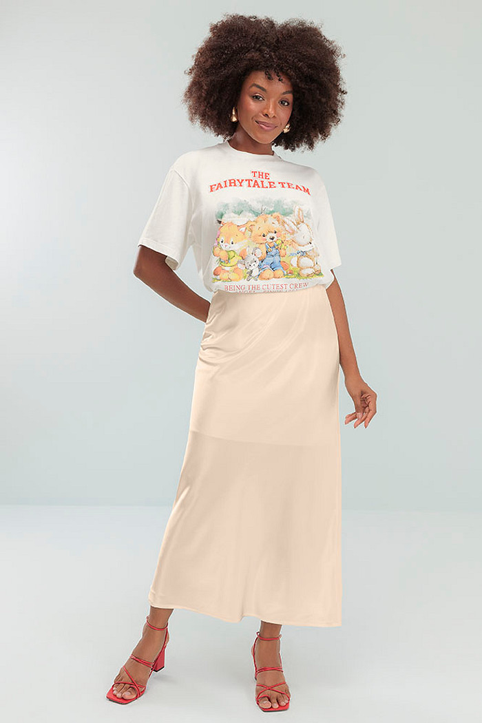 Saia de cetim com forro e elástico na cintura