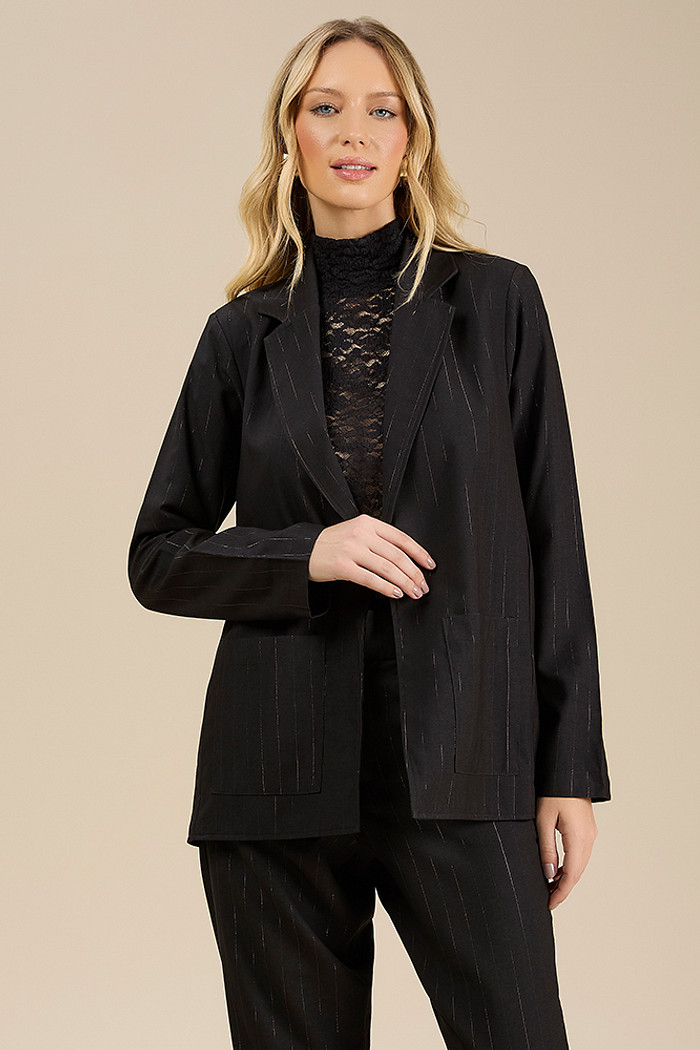 Blazer com bolso em alfaiataria risca de giz lurex