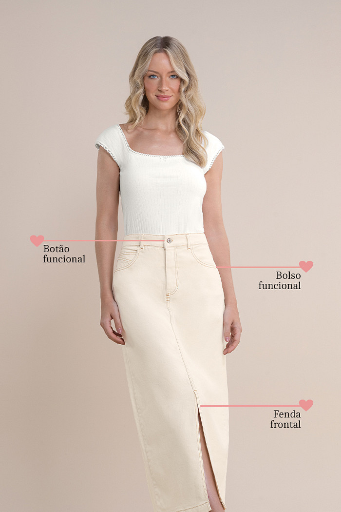 Saia jeans midi off white com fenda frontal