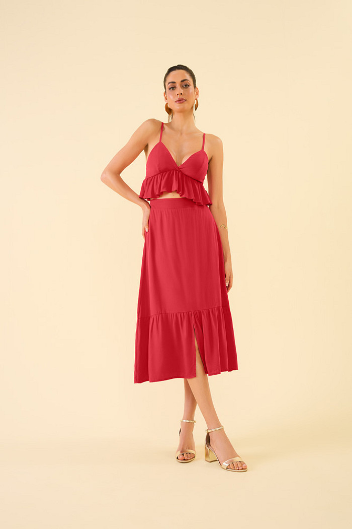 Saia midi com fenda frontal em viscose