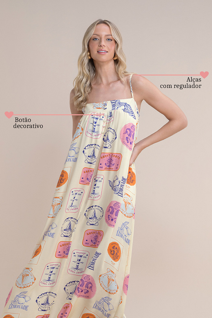 Vestido midi em viscose com alças reguláveis