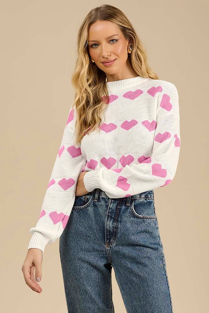 Blusa manga longa em tricot corações