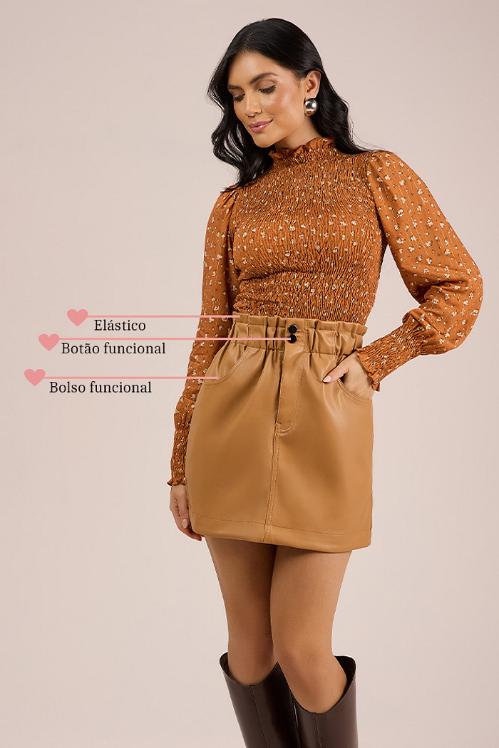 Saia mini com bolso e elástico em PU