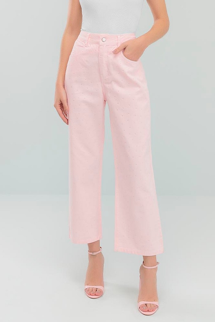 Calça reta candy rose com aplique em strass e bolso