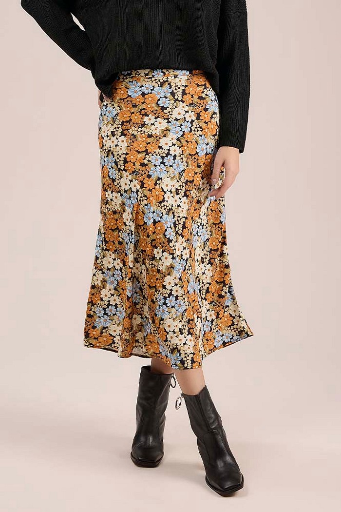 Saia midi com zíper invisível em viscose estampada