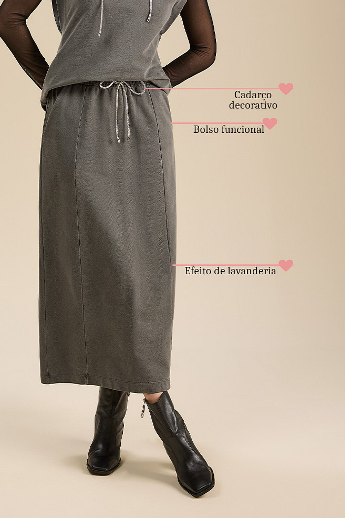 Saia midi em moletinho efeito lavanderia