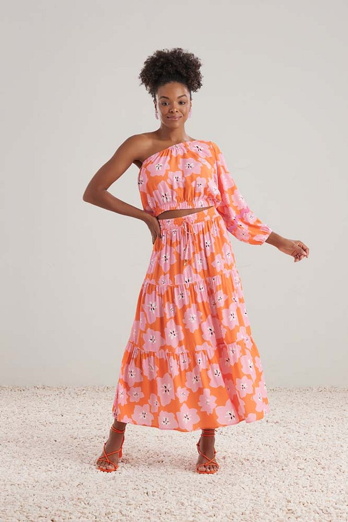 Saia midi em viscose estampada