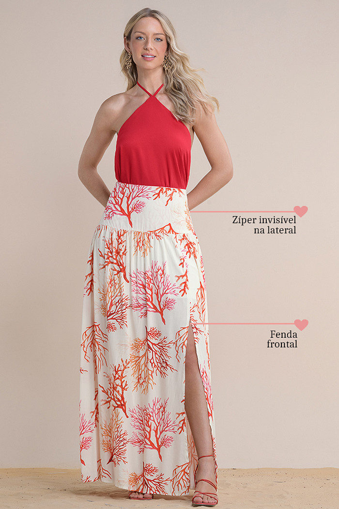 Saia longa com fenda lateral viscose estampada