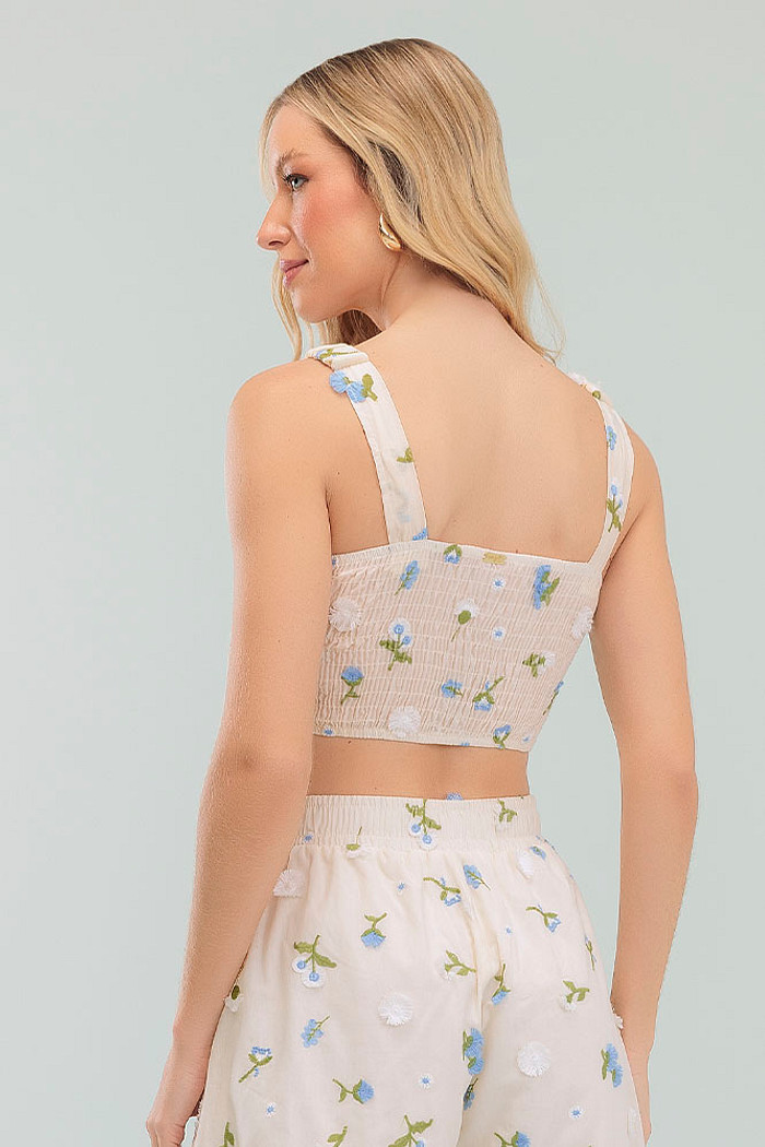 Top em tecido bordado algodão alça com elástico e costas com lastex