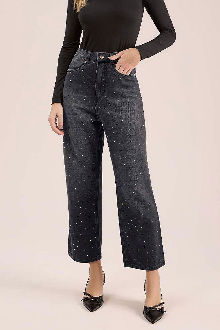 Calça reta em jeans com aplique de strass