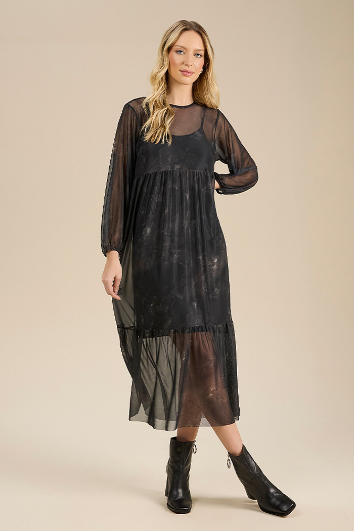 Vestido midi em tule estampado