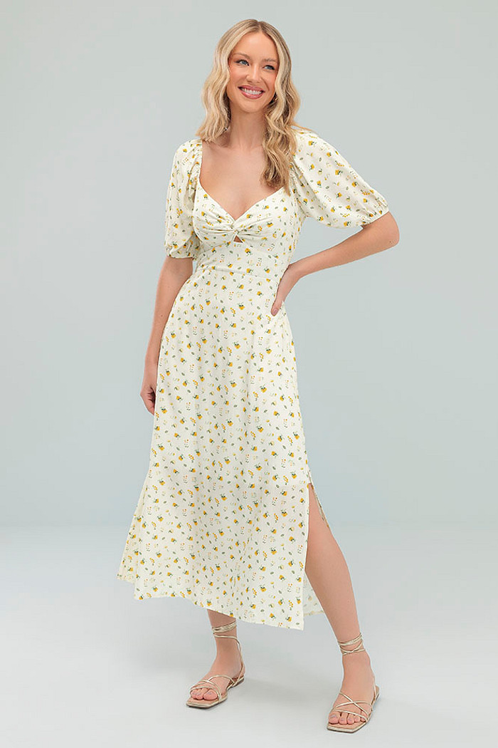 Vestido midi com fenda lateral e costas com lastex