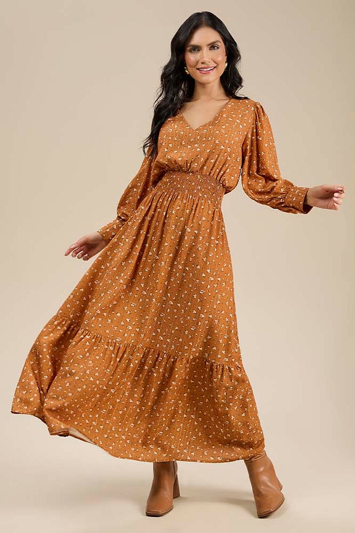 Vestido midi manga longa com lastex em viscose lurex