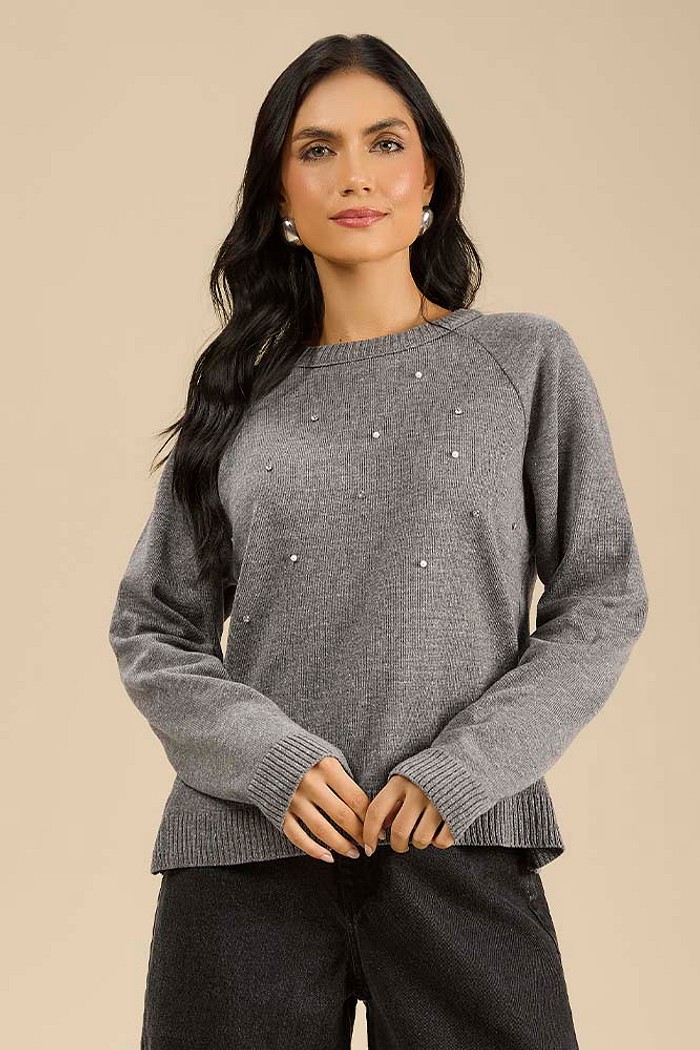 Blusa manga longa em tricot com aplique