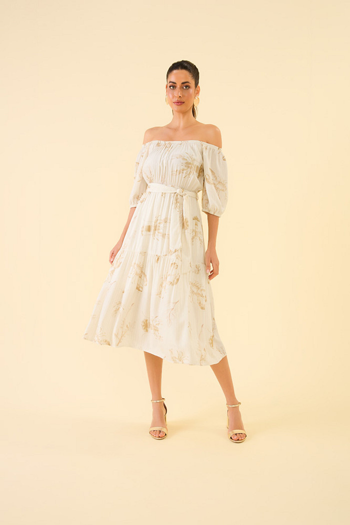 Vestido midi em viscose lurex lagosta