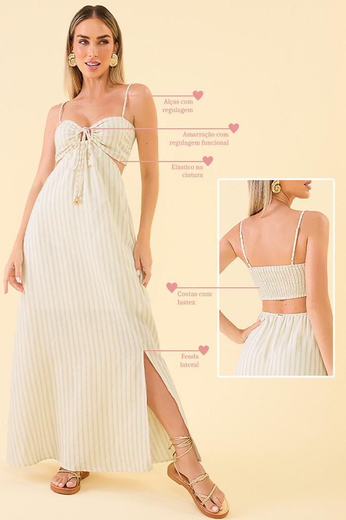 Vestido longo em linho listrado lurex com forro