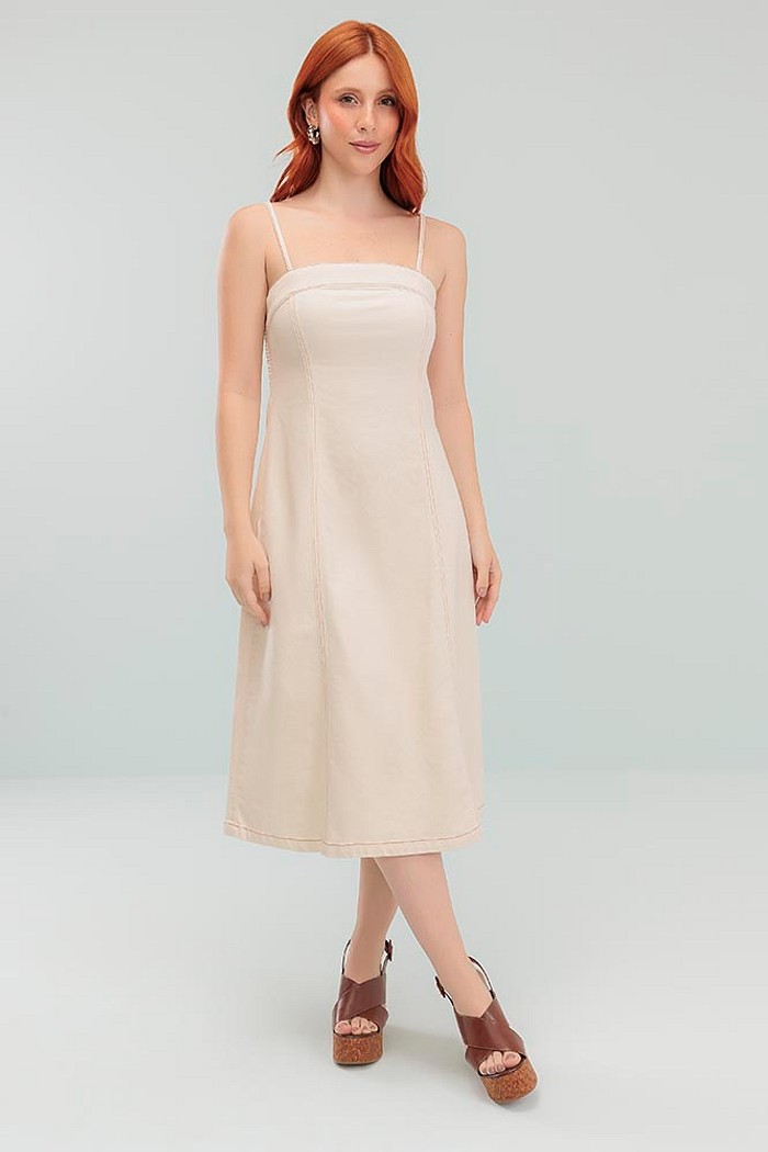 Vestido midi de alça com zíper e costas com lastex denim