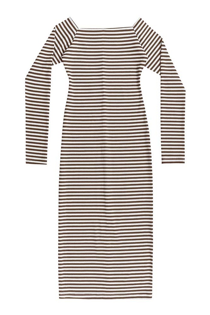 Vestido longo em ribana summer listrada com fenda traseira