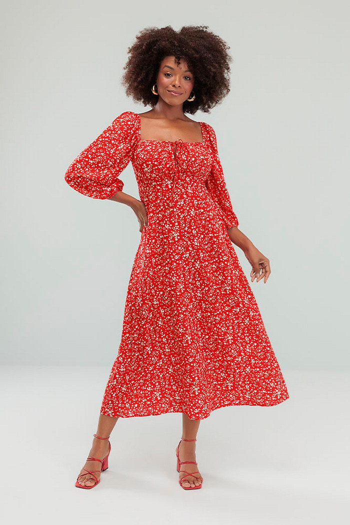 Vestido midi amarração com regulagem e costas com lastex