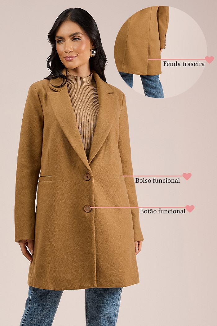 Casaco longo com bolso em alfaiataria lanosa com forro