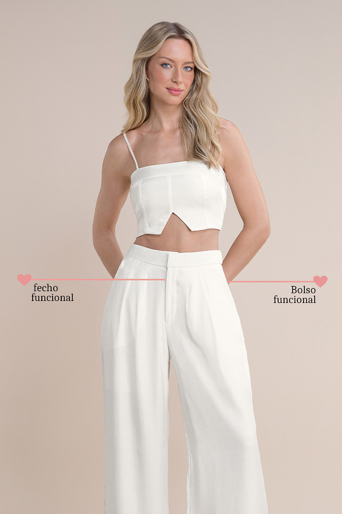 Calça pantalona em alfaiataria com fecho funcional